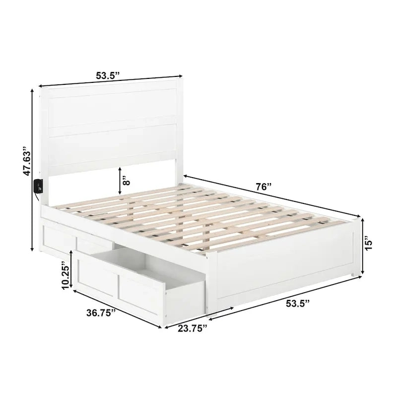 Letto Matrimoniale a Piattaforma Bianco con Pediera e 2 Cassetti