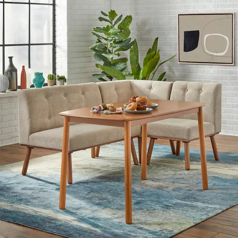 Set Angolare da Pranzo 4 Pezzi Beige / Blu / Grigio – Panca Imbottita con Tavolo in Noce, Posti a Sedere per 4