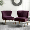 Poltroncina senza braccioli in velluto viola, schienale capitonné, gambe dorate, singolo