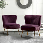 Poltroncina senza braccioli in velluto viola, schienale capitonné, gambe dorate, singolo