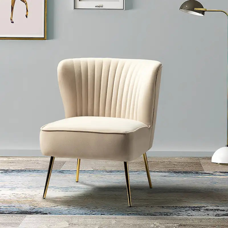 Poltroncina senza braccioli in velluto viola, schienale capitonné, gambe dorate, singolo