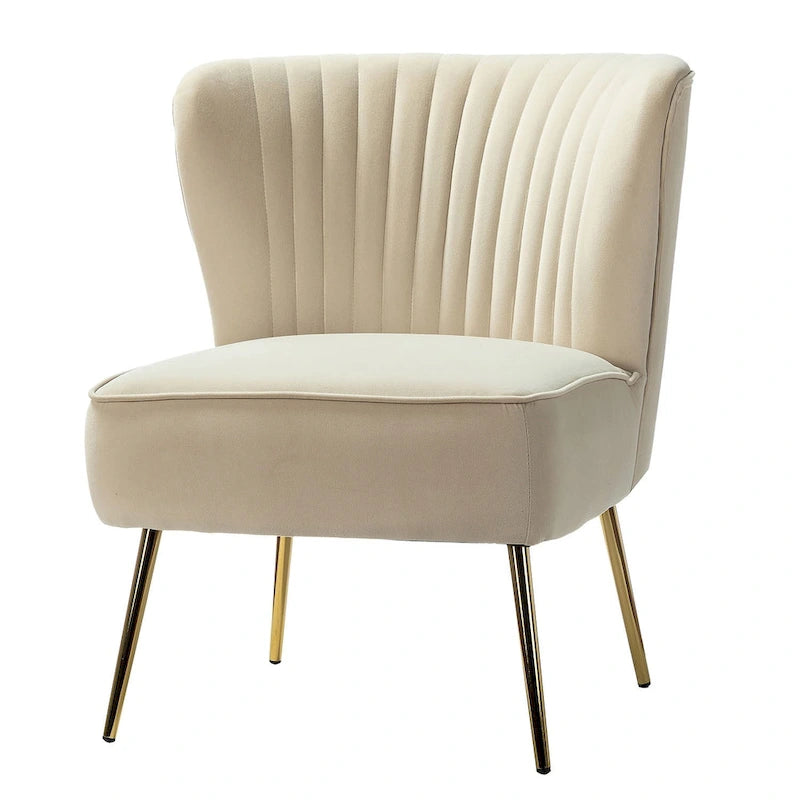 Poltroncina senza braccioli in velluto viola, schienale capitonné, gambe dorate, singolo