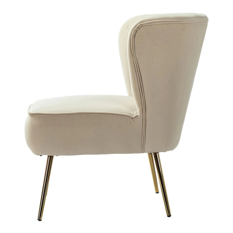 Poltroncina senza braccioli in velluto viola, schienale capitonné, gambe dorate, singolo