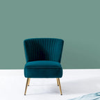 Poltroncina senza braccioli in velluto viola, schienale capitonné, gambe dorate, singolo