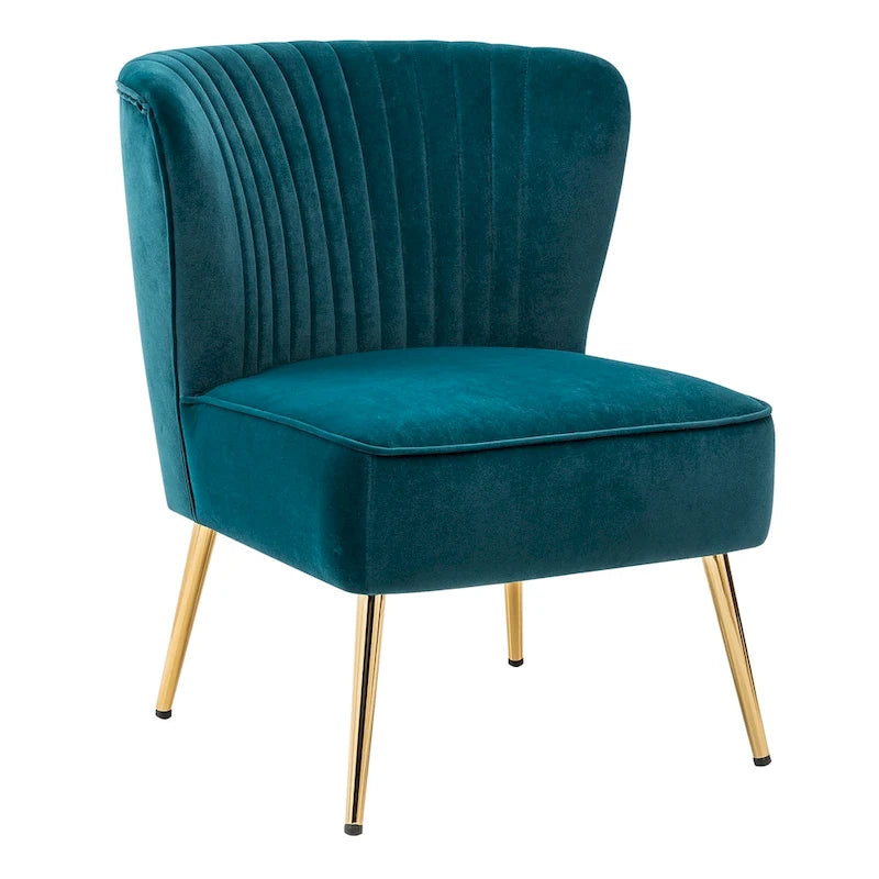 Poltroncina senza braccioli in velluto viola, schienale capitonné, gambe dorate, singolo