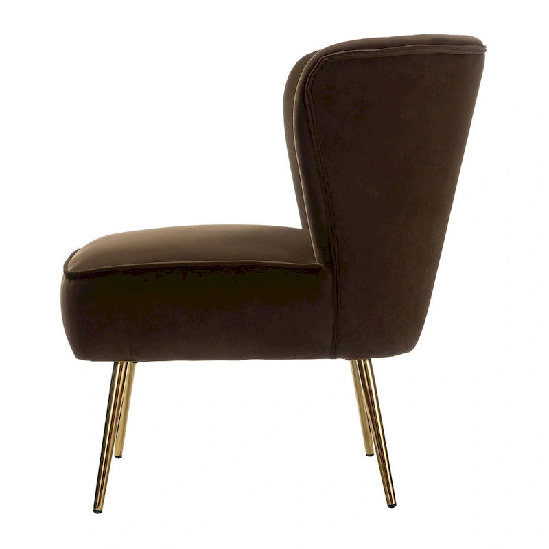 Poltroncina senza braccioli in velluto viola, schienale capitonné, gambe dorate, singolo