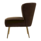 Poltroncina senza braccioli in velluto viola, schienale capitonné, gambe dorate, singolo