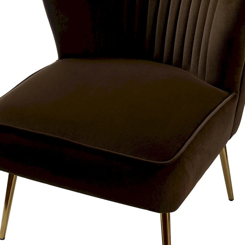 Poltroncina senza braccioli in velluto viola, schienale capitonné, gambe dorate, singolo