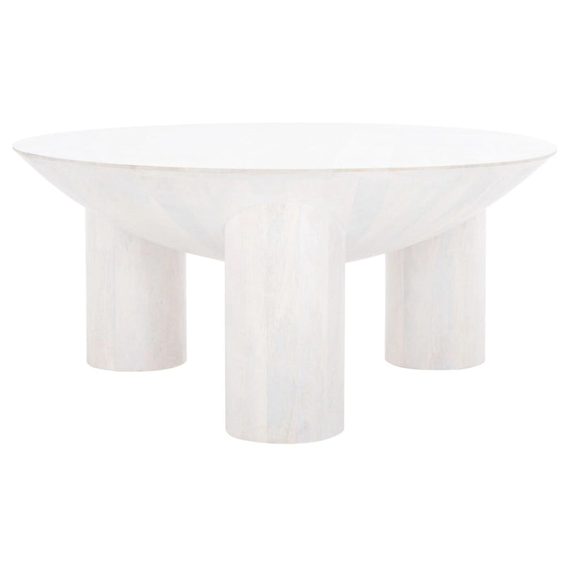 Tavolino da caffè scultoreo rotondo sbiancato / naturale, 3 gambe in legno massello