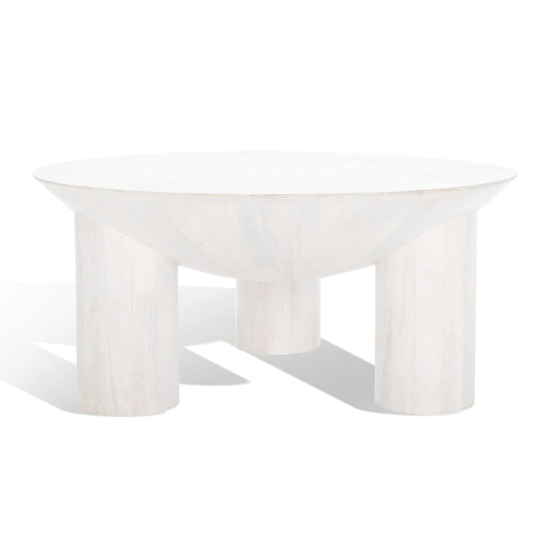 Tavolino da caffè scultoreo rotondo sbiancato / naturale, 3 gambe in legno massello
