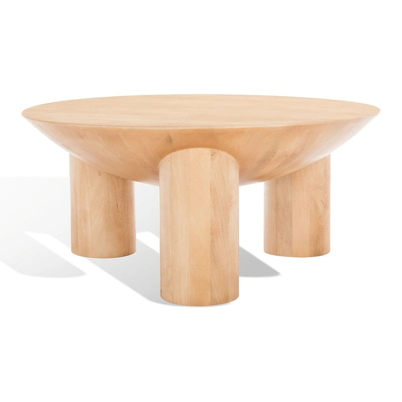 Tavolino da caffè scultoreo rotondo sbiancato / naturale, 3 gambe in legno massello