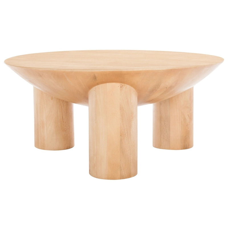 Tavolino da caffè scultoreo rotondo sbiancato / naturale, 3 gambe in legno massello