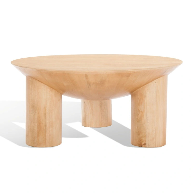 Tavolino da caffè scultoreo rotondo sbiancato / naturale, 3 gambe in legno massello