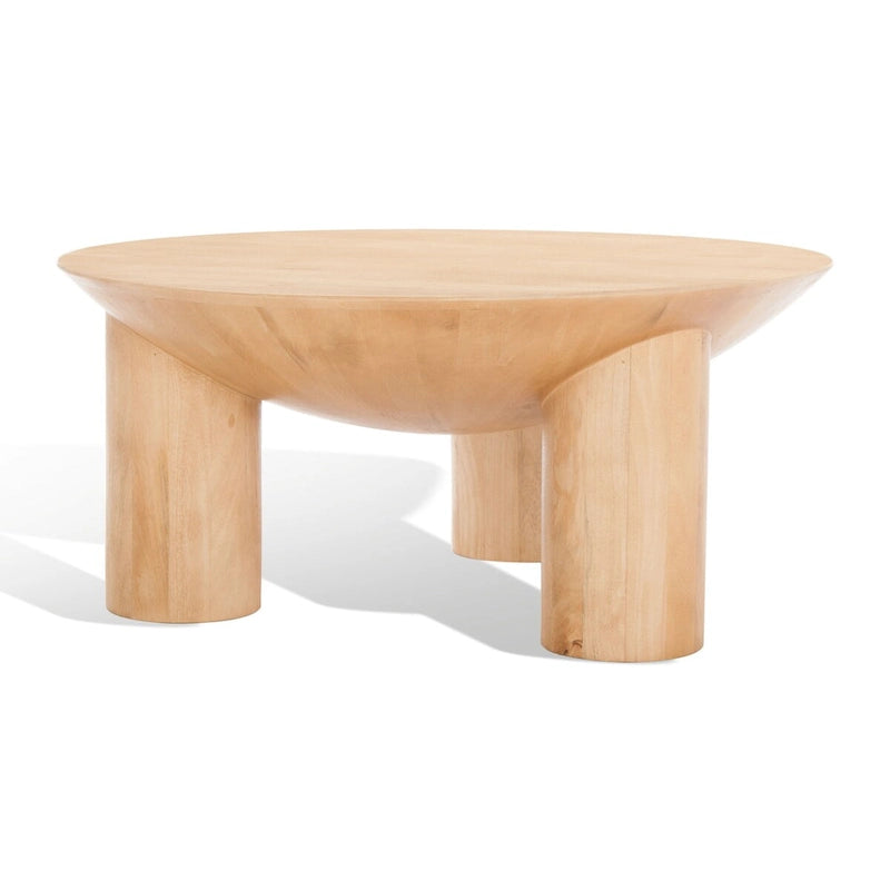 Tavolino da caffè scultoreo rotondo sbiancato / naturale, 3 gambe in legno massello