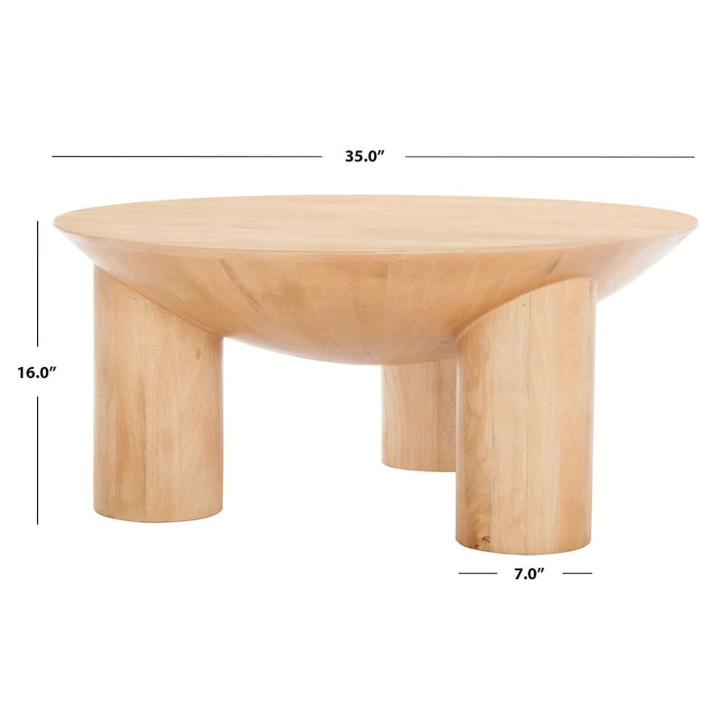 Tavolino da caffè scultoreo rotondo sbiancato / naturale, 3 gambe in legno massello
