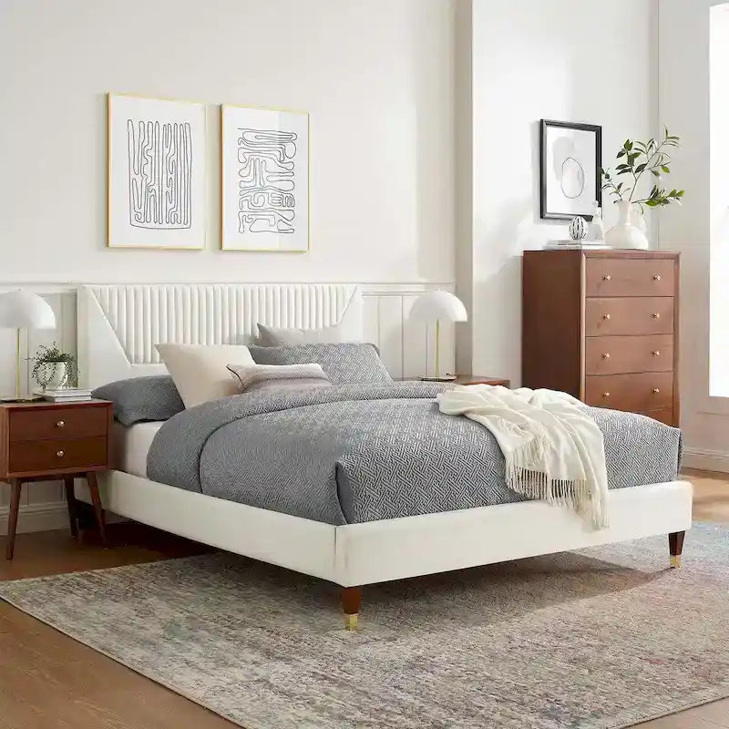 Letto King Size con Struttura a Piattaforma Canale in Velluto ad Alte Prestazioni (Bianco/Blu/Rosa/Antracite) – Per 2