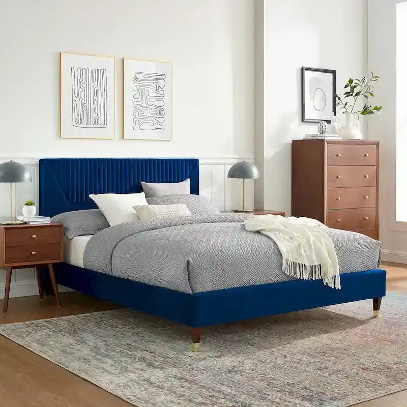 Letto King Size con Struttura a Piattaforma Canale in Velluto ad Alte Prestazioni (Bianco/Blu/Rosa/Antracite) – Per 2
