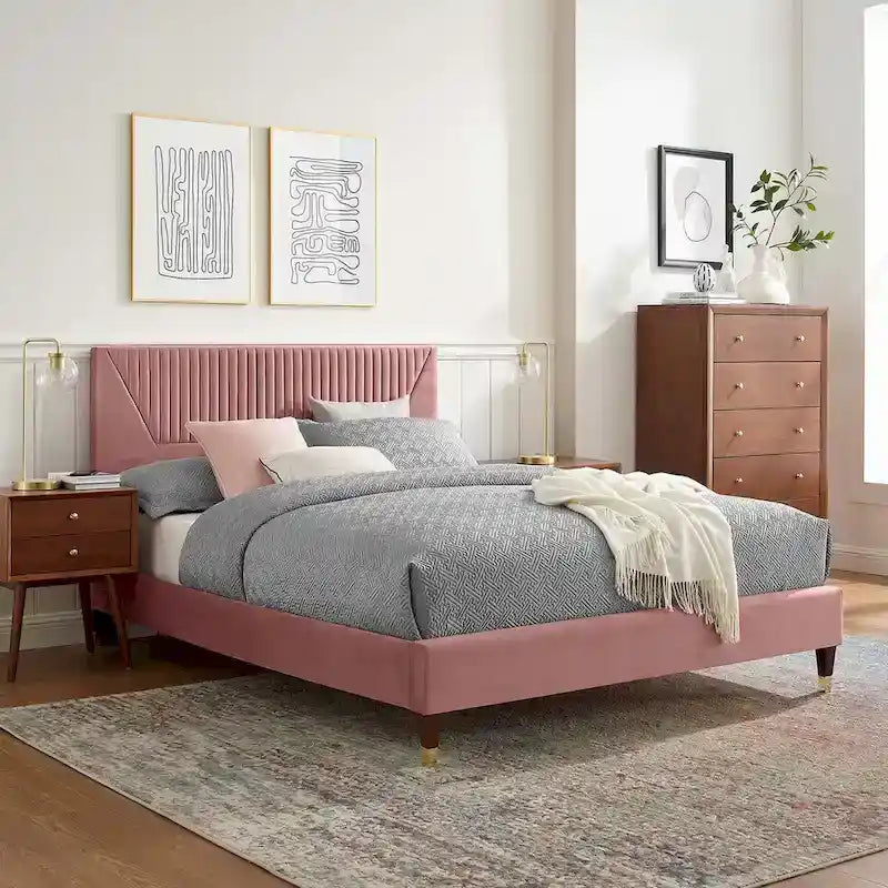 Letto King Size con Struttura a Piattaforma Canale in Velluto ad Alte Prestazioni (Bianco/Blu/Rosa/Antracite) – Per 2