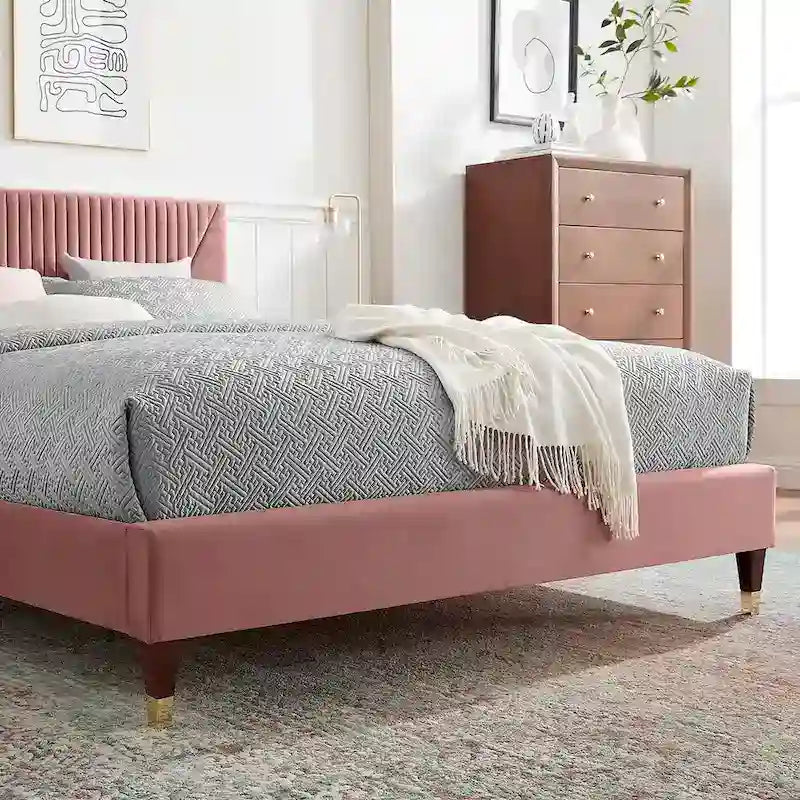 Letto King Size con Struttura a Piattaforma Canale in Velluto ad Alte Prestazioni (Bianco/Blu/Rosa/Antracite) – Per 2