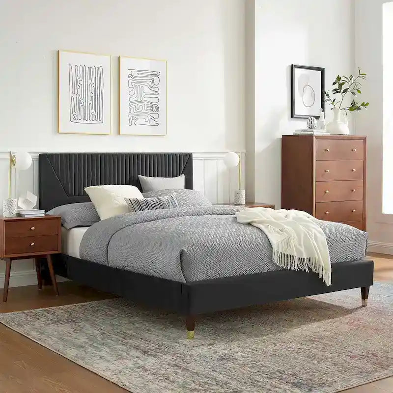 Letto King Size con Struttura a Piattaforma Canale in Velluto ad Alte Prestazioni (Bianco/Blu/Rosa/Antracite) – Per 2