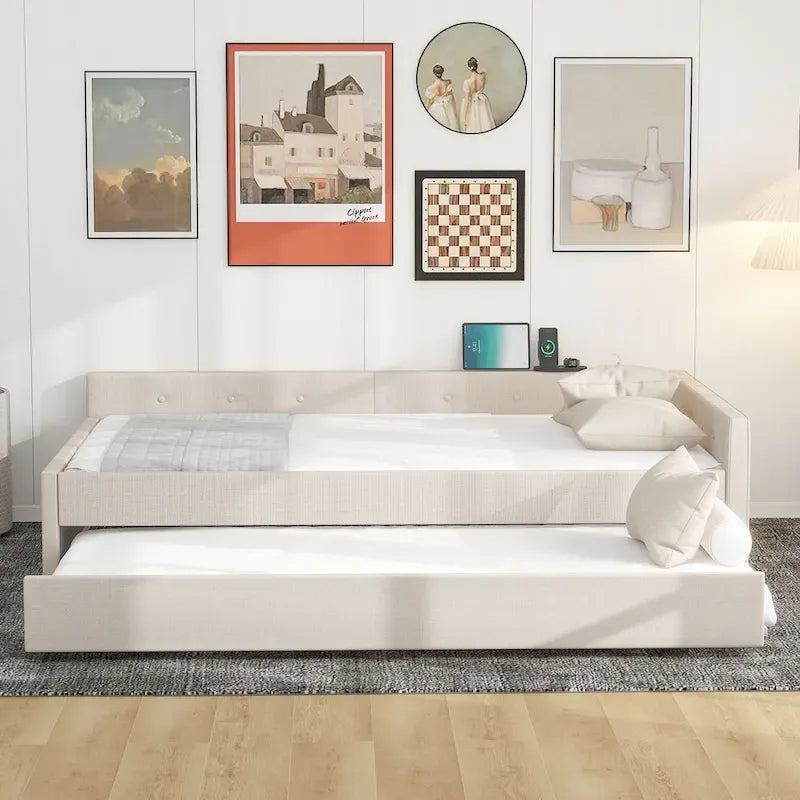 Letto a piattaforma imbottito beige con USB e letto estraibile singolo, matrimoniale, 2 persone
