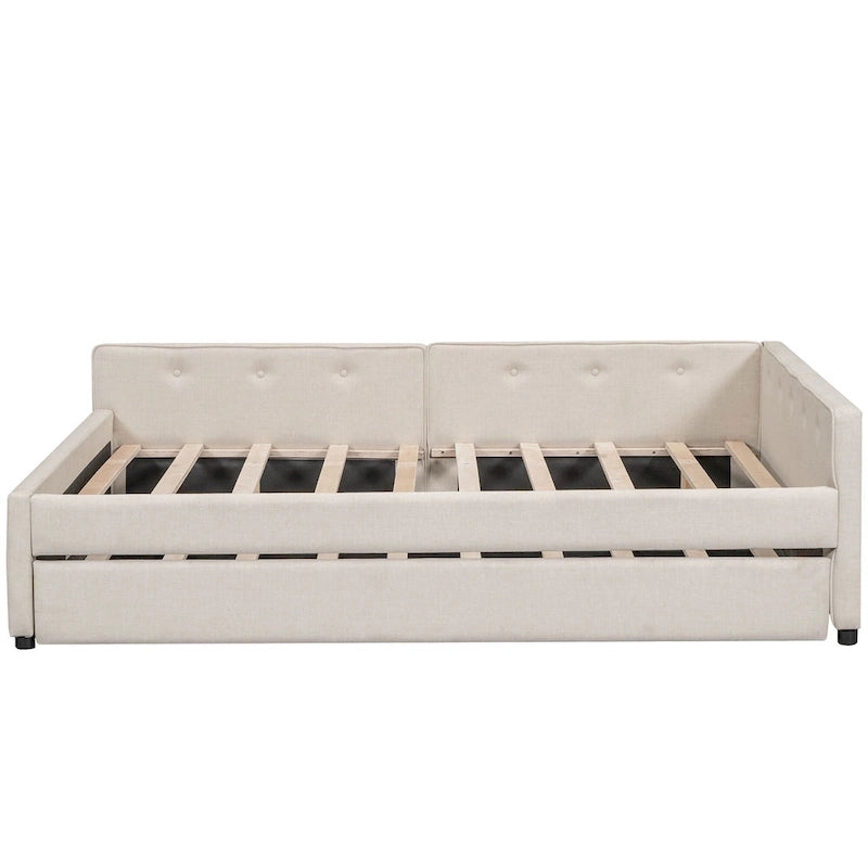 Letto a piattaforma imbottito beige con USB e letto estraibile singolo, matrimoniale, 2 persone