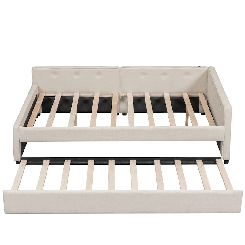 Letto a piattaforma imbottito beige con USB e letto estraibile singolo, matrimoniale, 2 persone