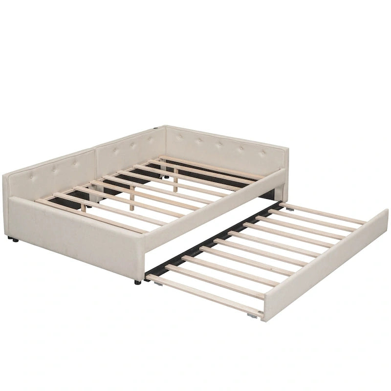 Letto a piattaforma imbottito beige con USB e letto estraibile singolo, matrimoniale, 2 persone