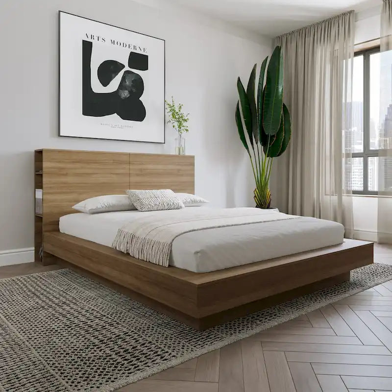 Testiera contenitore, rovere biondo naturale/rovere marrone, stile moderno, Queen/King