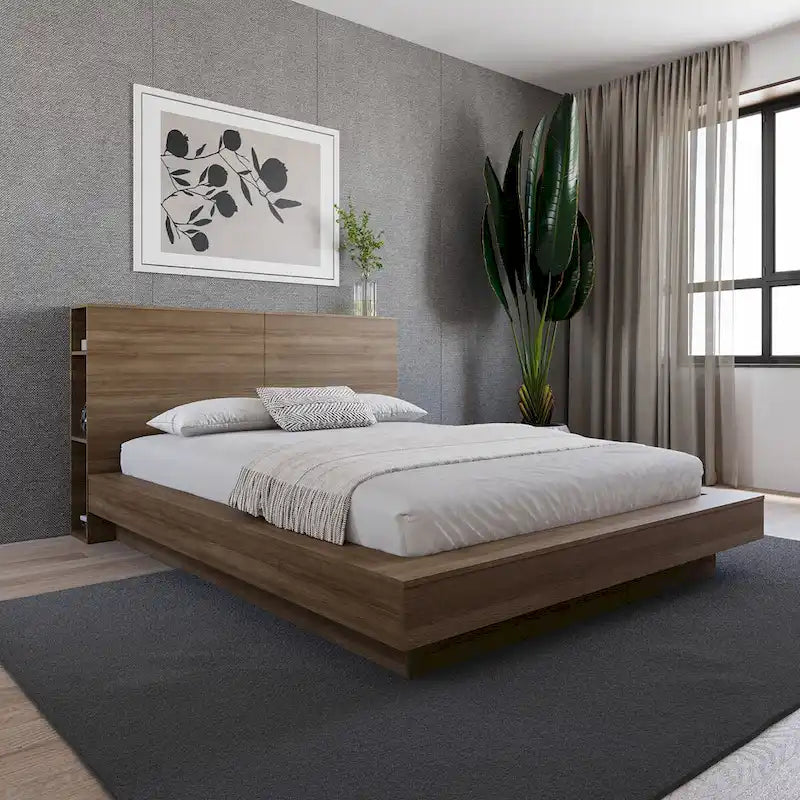 Testiera contenitore, rovere biondo naturale/rovere marrone, stile moderno, Queen/King