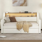 Letto Divano a Una Piazza Imbottito in Similpelle Bianca / Beige / Grigia – Cassetto Contenitore, Stazione di Ricarica e Luci a LED