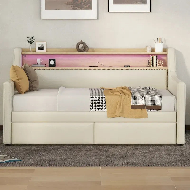 Letto Divano a Una Piazza Imbottito in Similpelle Bianca / Beige / Grigia – Cassetto Contenitore, Stazione di Ricarica e Luci a LED