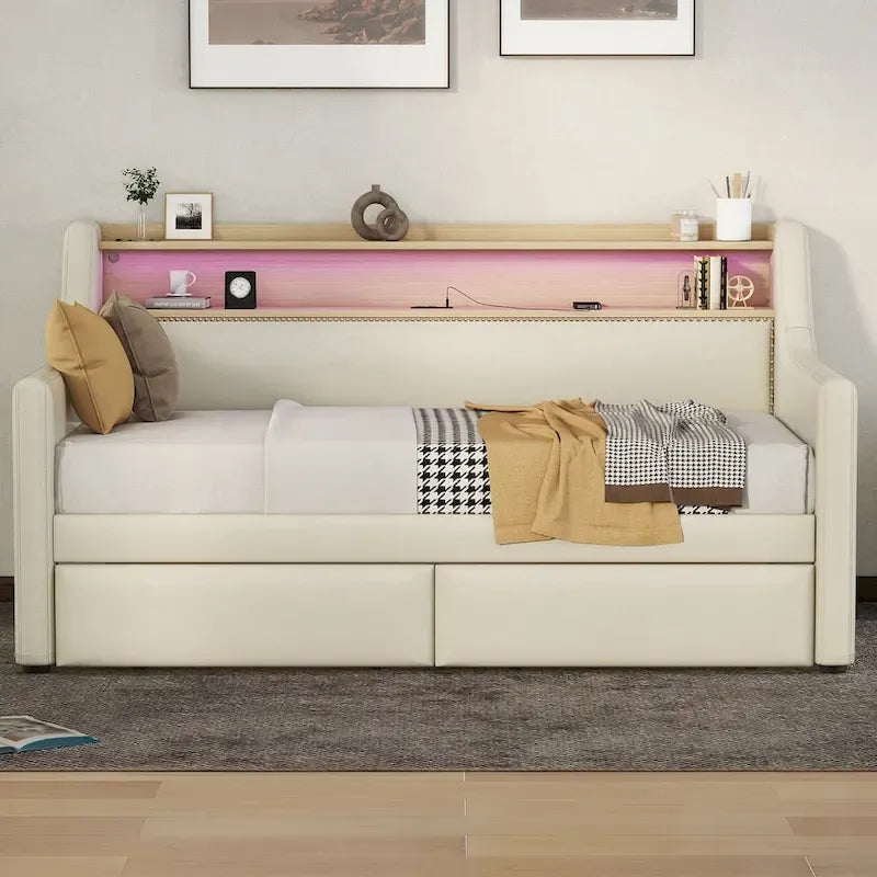 Letto Divano a Una Piazza Imbottito in Similpelle Bianca / Beige / Grigia – Cassetto Contenitore, Stazione di Ricarica e Luci a LED