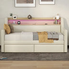 Letto Divano a Una Piazza Imbottito in Similpelle Bianca / Beige / Grigia – Cassetto Contenitore, Stazione di Ricarica e Luci a LED