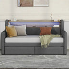 Letto Divano a Una Piazza Imbottito in Similpelle Bianca / Beige / Grigia – Cassetto Contenitore, Stazione di Ricarica e Luci a LED