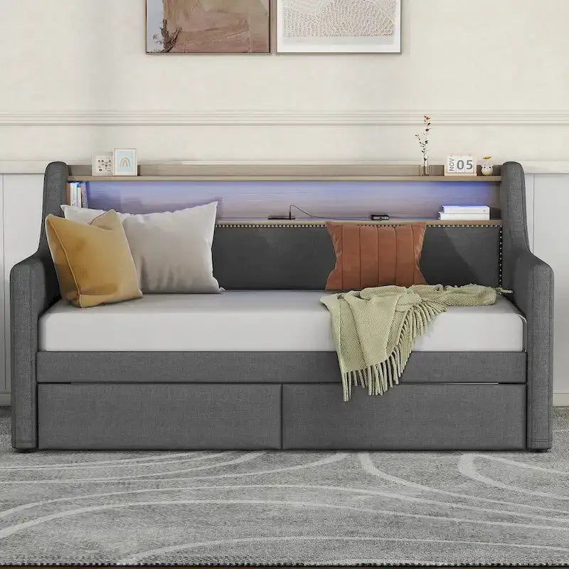 Letto Divano a Una Piazza Imbottito in Similpelle Bianca / Beige / Grigia – Cassetto Contenitore, Stazione di Ricarica e Luci a LED
