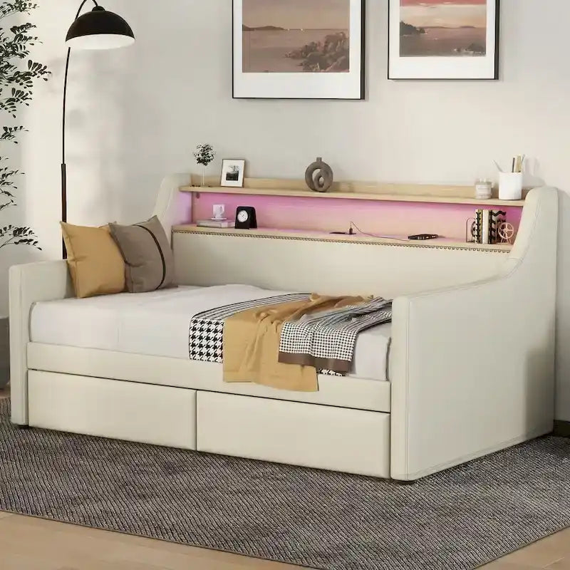 Letto Divano a Una Piazza Imbottito in Similpelle Bianca / Beige / Grigia – Cassetto Contenitore, Stazione di Ricarica e Luci a LED