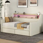 Letto Divano a Una Piazza Imbottito in Similpelle Bianca / Beige / Grigia – Cassetto Contenitore, Stazione di Ricarica e Luci a LED