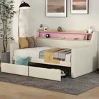 Letto Divano a Una Piazza Imbottito in Similpelle Bianca / Beige / Grigia – Cassetto Contenitore, Stazione di Ricarica e Luci a LED