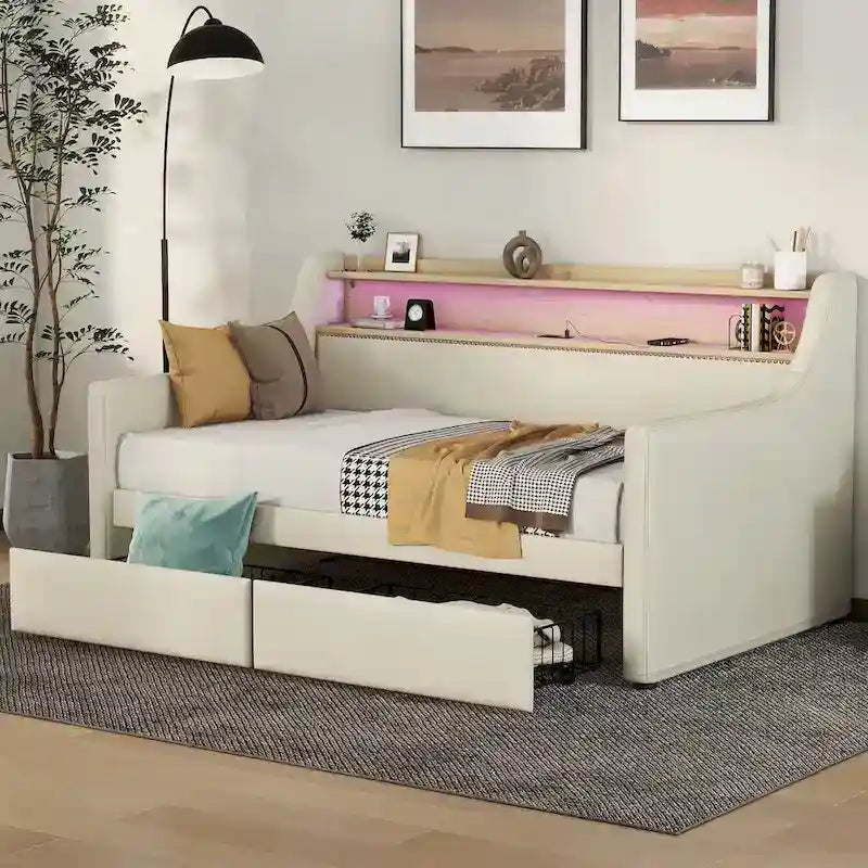 Letto Divano a Una Piazza Imbottito in Similpelle Bianca / Beige / Grigia – Cassetto Contenitore, Stazione di Ricarica e Luci a LED