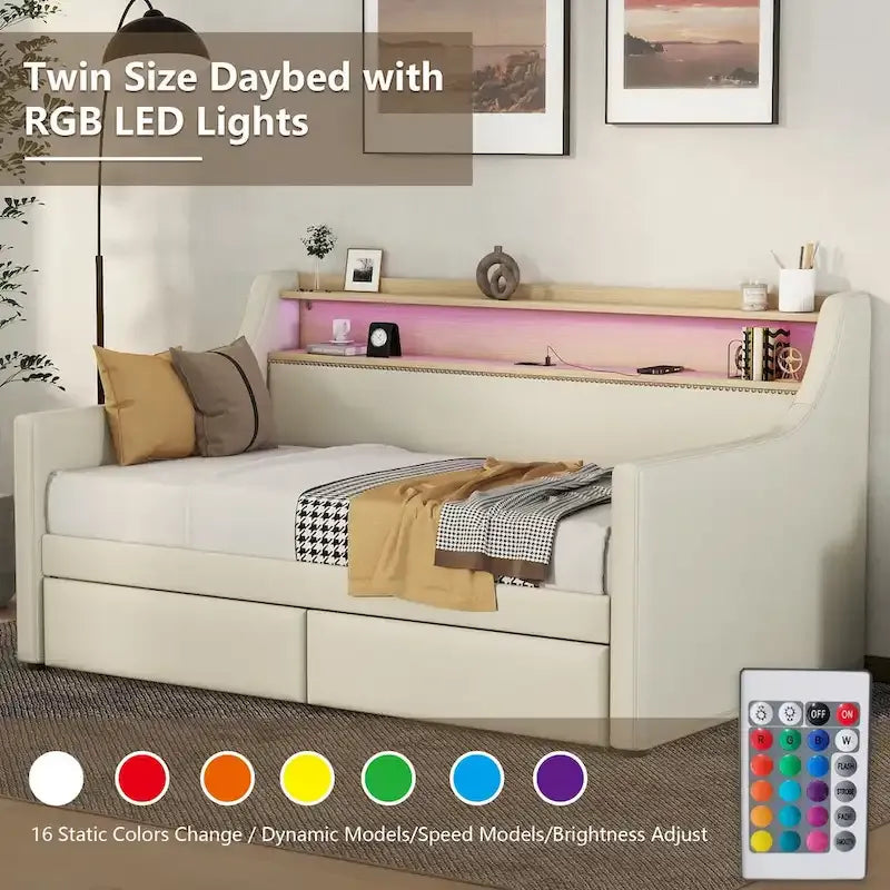 Letto Divano a Una Piazza Imbottito in Similpelle Bianca / Beige / Grigia – Cassetto Contenitore, Stazione di Ricarica e Luci a LED