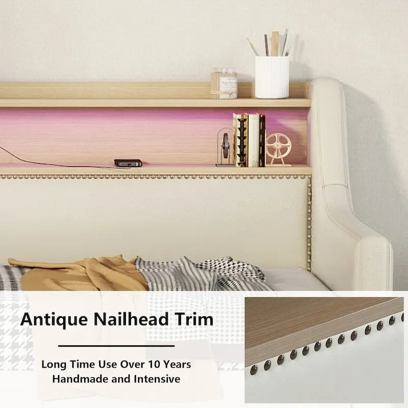 Letto Divano a Una Piazza Imbottito in Similpelle Bianca / Beige / Grigia – Cassetto Contenitore, Stazione di Ricarica e Luci a LED