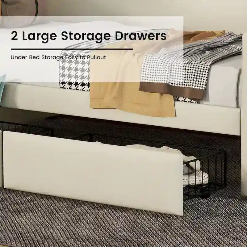 Letto Divano a Una Piazza Imbottito in Similpelle Bianca / Beige / Grigia – Cassetto Contenitore, Stazione di Ricarica e Luci a LED