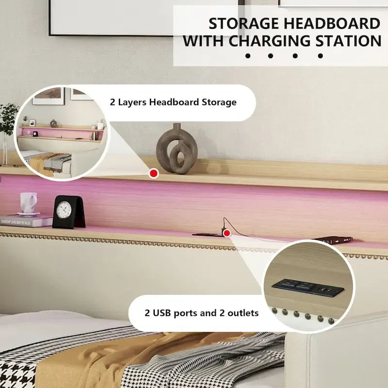 Letto Divano a Una Piazza Imbottito in Similpelle Bianca / Beige / Grigia – Cassetto Contenitore, Stazione di Ricarica e Luci a LED