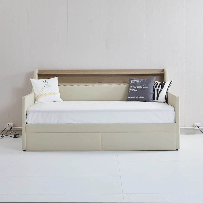 Letto Divano a Una Piazza Imbottito in Similpelle Bianca / Beige / Grigia – Cassetto Contenitore, Stazione di Ricarica e Luci a LED