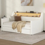 Letto Divano a Una Piazza Imbottito in Similpelle Bianca / Beige / Grigia – Cassetto Contenitore, Stazione di Ricarica e Luci a LED