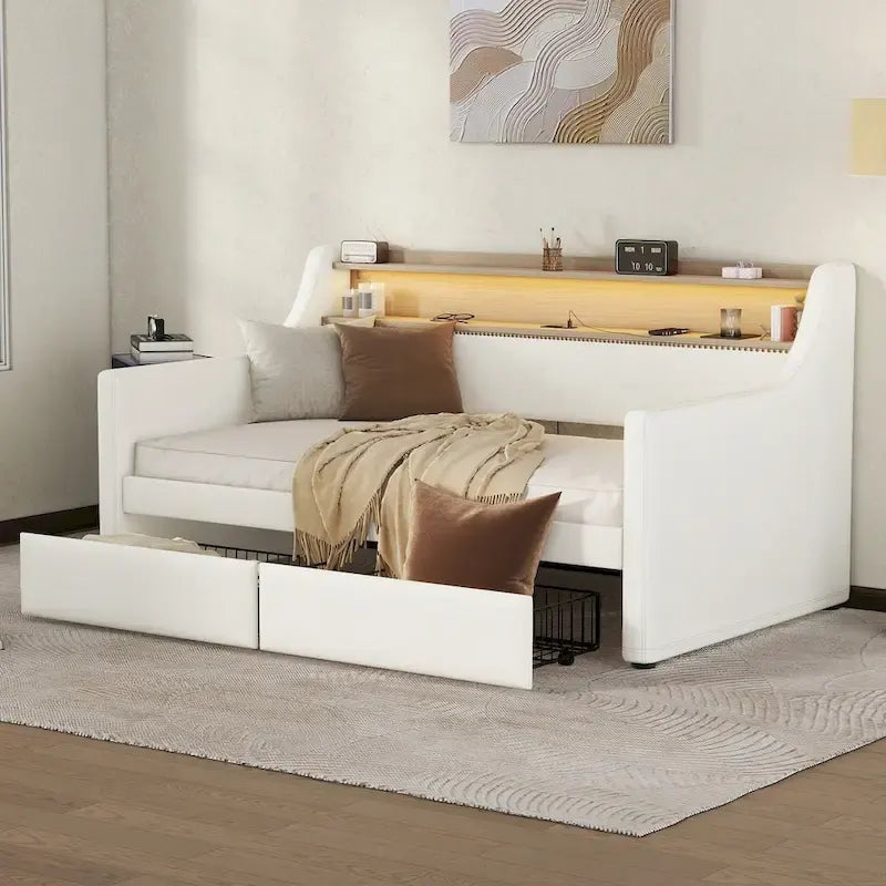 Letto Divano a Una Piazza Imbottito in Similpelle Bianca / Beige / Grigia – Cassetto Contenitore, Stazione di Ricarica e Luci a LED