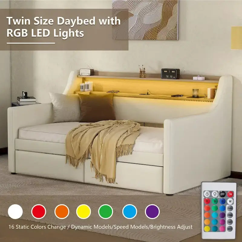 Letto Divano a Una Piazza Imbottito in Similpelle Bianca / Beige / Grigia – Cassetto Contenitore, Stazione di Ricarica e Luci a LED