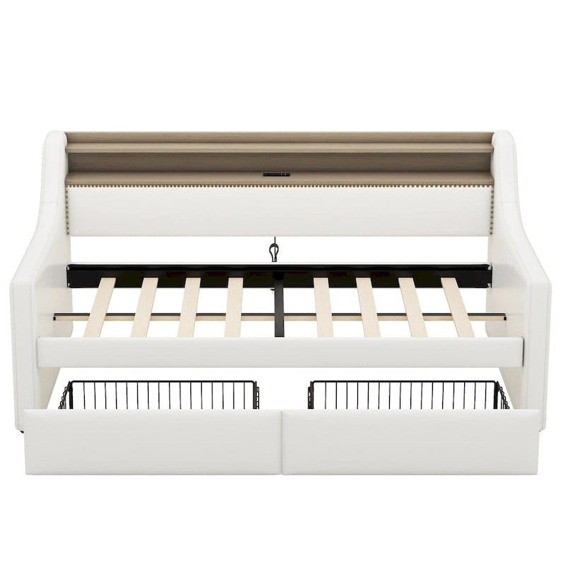 Letto Divano a Una Piazza Imbottito in Similpelle Bianca / Beige / Grigia – Cassetto Contenitore, Stazione di Ricarica e Luci a LED