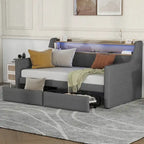 Letto Divano a Una Piazza Imbottito in Similpelle Bianca / Beige / Grigia – Cassetto Contenitore, Stazione di Ricarica e Luci a LED